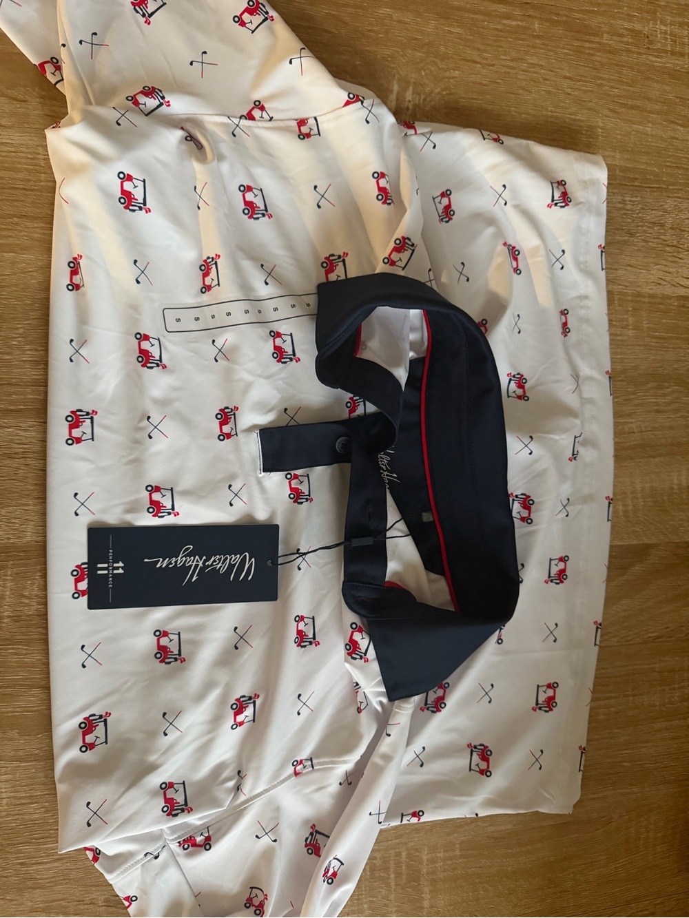 White Polo with Navy Collar and Red Golf Cart Print